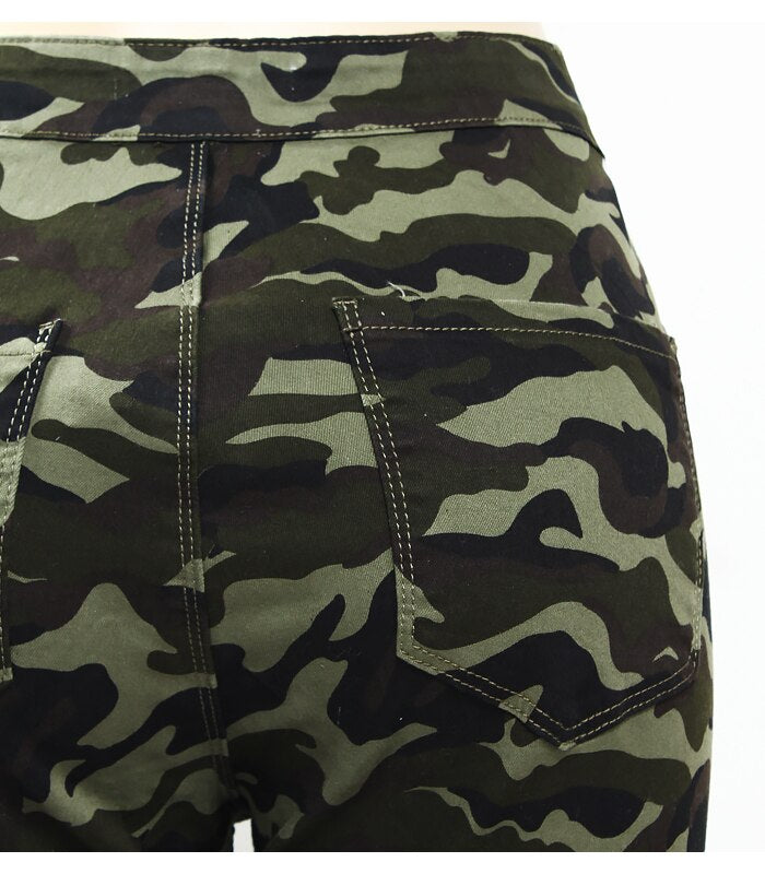 High Waist Army Green Jeans With White Side Stripes Women`s Camouflage Pencil Denim Pants Woman