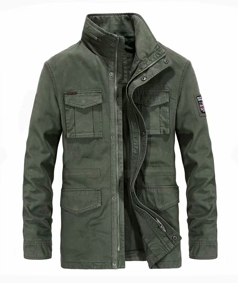 Cotton Denim Jackets Men Long Stand Collar Multi-pocket Casual Coat Military Men's Windbreakers Jacket