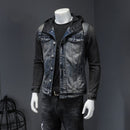 European Style Hooded Colorblock Bomber Pilot Blue Denim Jacket Men Jeans Coats Motorcycle Casual Slim Outwear Clothing Overcoat
