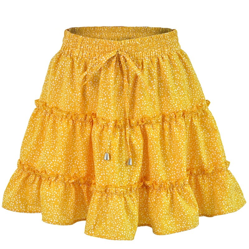 Ruffles Women Skirt Elastic Band High Waist Lace Up Female Skirt Floral Summer New Mini A-line Skirt