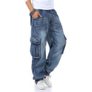 Jeans Men Denim Pants Big Pocket Straight Baggy Casual Streetwear Blue Wide Leg Trousers