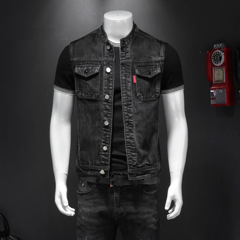 Retro Jean Jacket Men Denim Vest Coats Slim Black Stand Collar Sleeveless Motorcycle Style Waistcoat Coat Cowboy