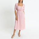 Square Neck Short Sleeve Dresses For Women Casual Elastic Waist Summer Dress Sexy V Back Tie shirred Elegant Midi Dress