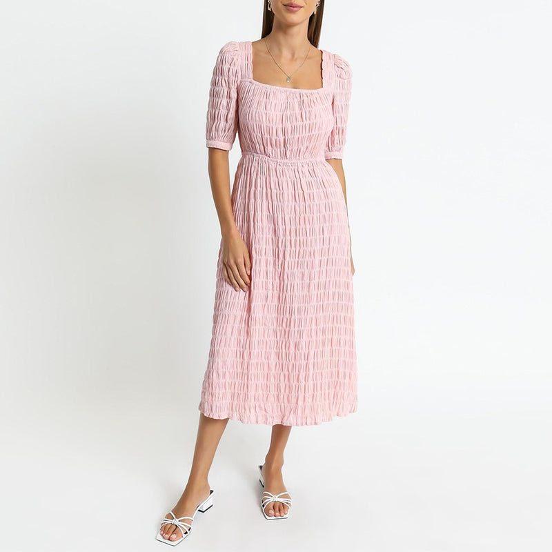 Square Neck Short Sleeve Dresses For Women Casual Elastic Waist Summer Dress Sexy V Back Tie shirred Elegant Midi Dress