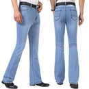 Men Jeans Trousers Mid Waist Elastic Slim Elegant Boot Cut Semi-Flared Bell Bottom Blue Denim Pants