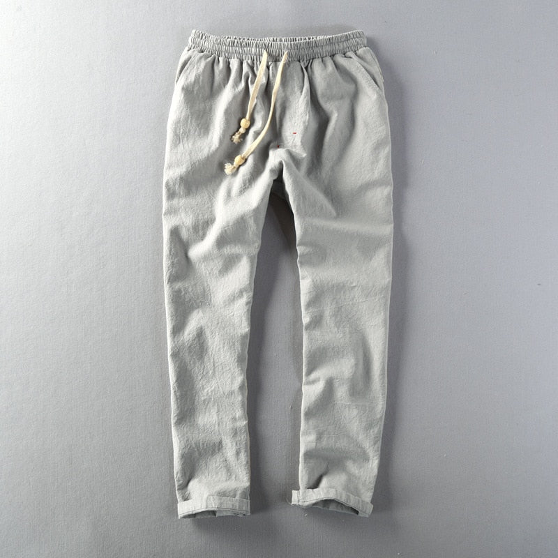 Men Linen Pants Casual Style Simple Sport Jogger Slim-Fit Thin Drawstring Stretch Waist Straight Ankle-Length Trouser