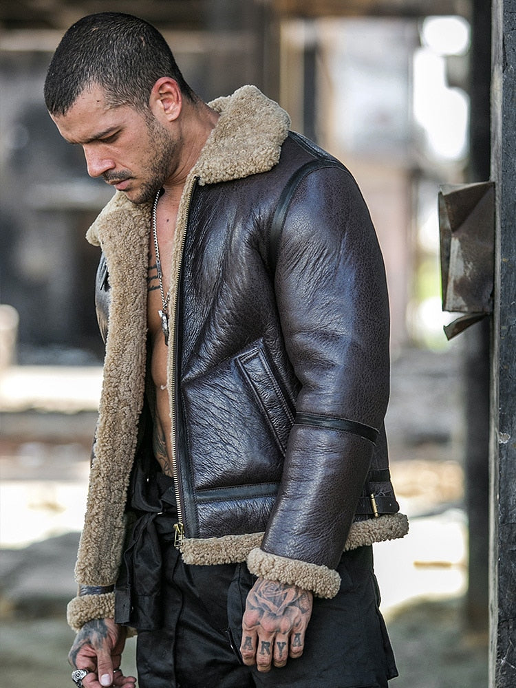 Men Genuine Leather Jacket Outerwear Mens Fur Coat Turn Down Collar Shearling Short Style Real Leather Jackets Tops Warm Coats