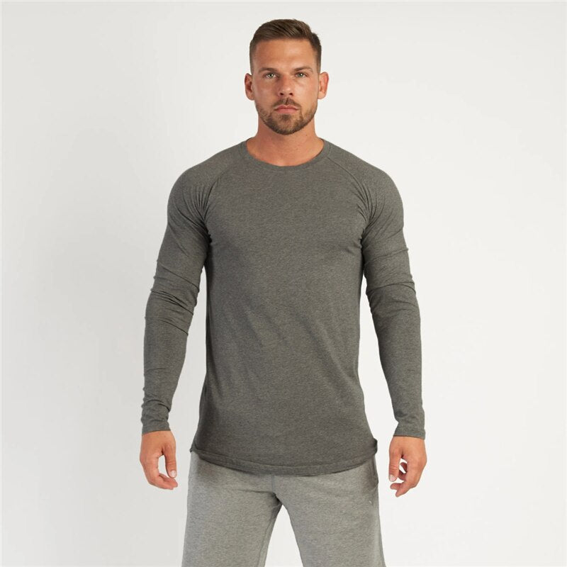 T-Shirt Men Spring Cotton T Shirt Men Solid Sports Tshirt O-neck Long Sleeve