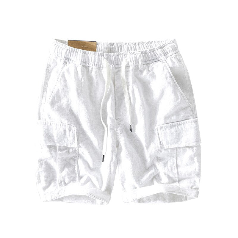 Spring Summer Men Cargo Shorts Casual Minimalist Style Sport Multi-Pocket Drawstring Elastic Waist Cotton Linen Zipper