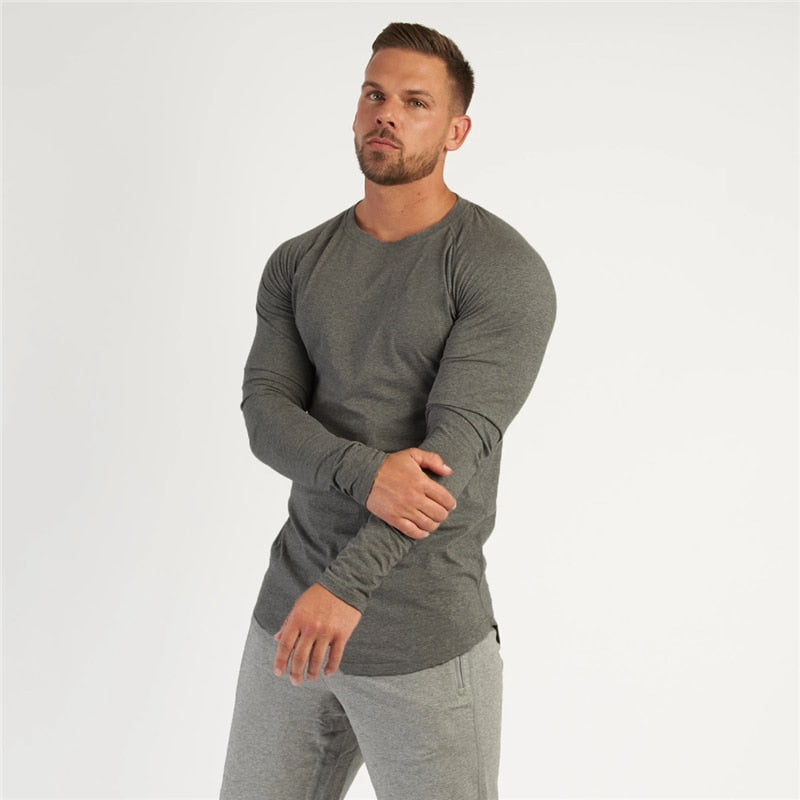 T-Shirt Men Spring Cotton T Shirt Men Solid Sports Tshirt O-neck Long Sleeve