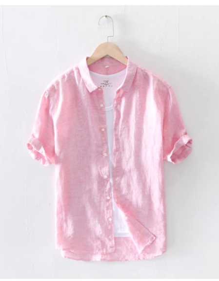 Linen Men Short Sleeve Shirts Casual Green Pink Plaid Shirt Turn-down Collar Man Summer