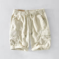 Spring Summer Men Cargo Shorts Casual Minimalist Style Sport Multi-Pocket Drawstring Elastic Waist Cotton Linen Zipper