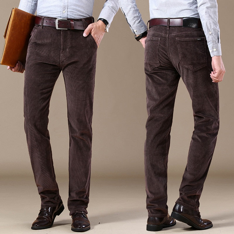 Men Classic Fit Flat Front Pant Casual Mid-Rise Corduroy Trousers Men Black Khaki Brown Summer