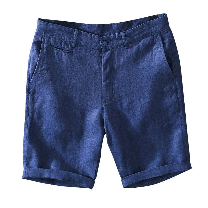 Mid Waist Linen Beach Shorts Summer Men Simple Business Casual Straight Pockets Solid Zipper Work Knee Length Pants
