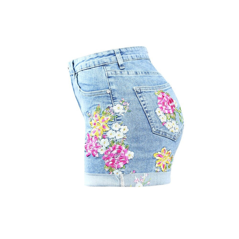 Summer Embroidery Floral Shorts Women`s Stretchy Denim Shorts For Women