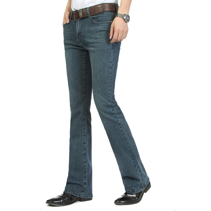 Mens Business Casual Pants Male Mid Waist Elastic Slim Boot Cut Semi-Flared