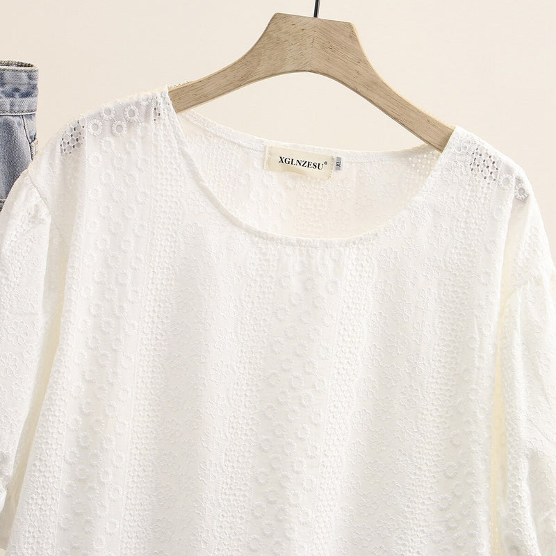 Summer Women Blouse Casual Clothes Female Tops Cotton Jacquard Simple