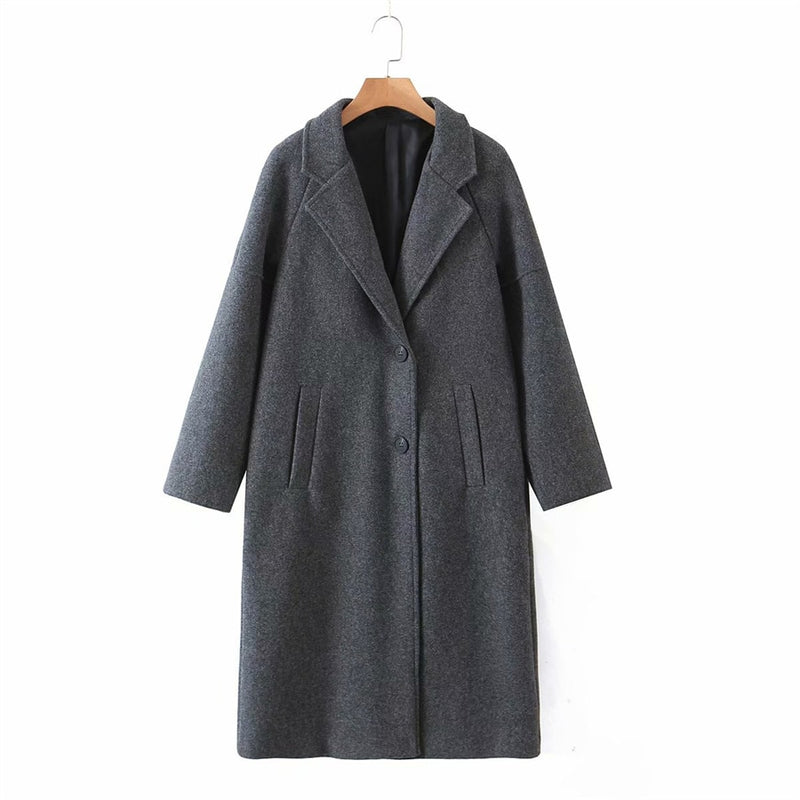 Vintage Women Dark Woolen Coat Autumn Ladies Single Breasted Loose Casual Coat Girls Chic Outwear