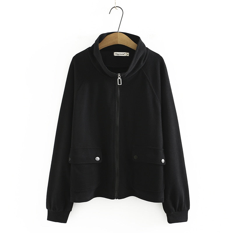 Women Clothing Hoodie Coats Autumn New Loose Casual High Collar Thick And Warm Female Zip Cardigan Jacket