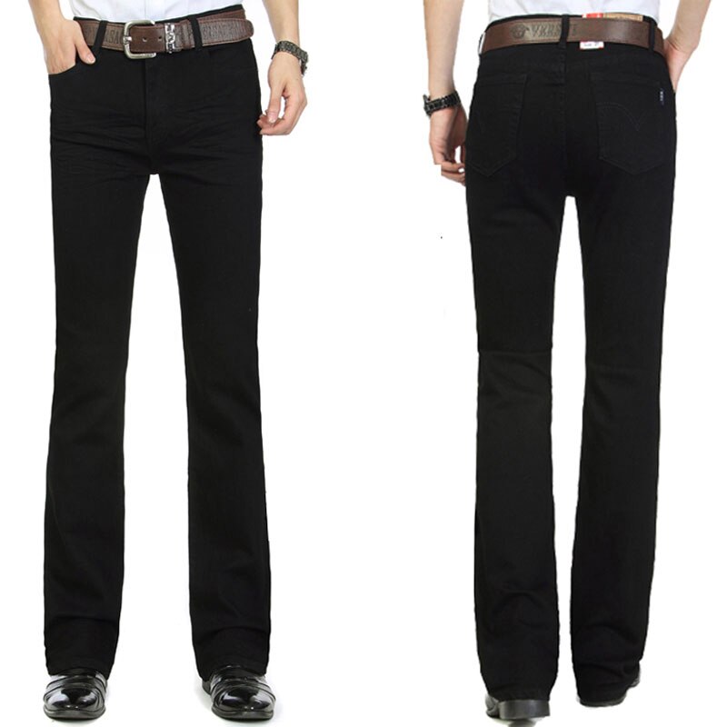 Men Jeans Trousers Mid Waist Elastic Slim Boot Cut Semi-Flared Bell White Leisure Bottom Denim Pants Casual Full Length Light
