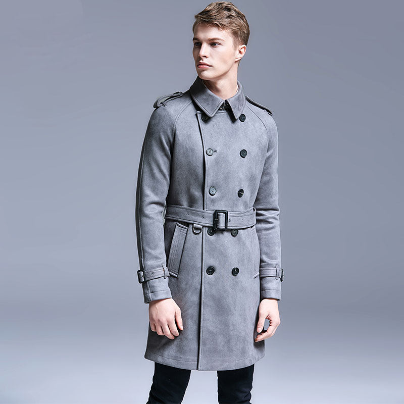 Trench Men Double Breasted Slim Coat Men Solid Color Long Windbreaker Jacket