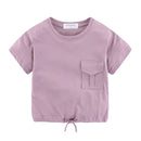 Summer Girls Boys T-shirt Drawstring Hem Loose Fit Plain for Kids Clothes Girl Solid Shirt Children Tops