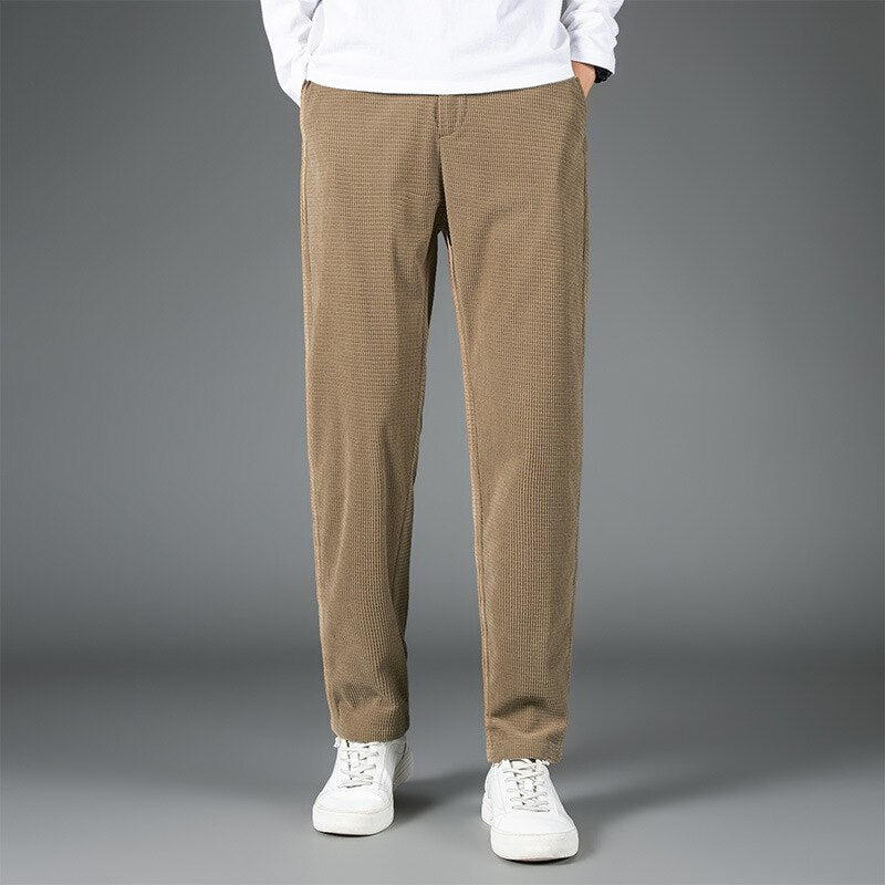 Autumn Casual Men Corduroy Pants Khaki Straight Loose Solid Waffle Trousers