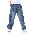 Jeans Men Denim Pants Big Pocket Straight Baggy Casual Streetwear Blue Wide Leg Trousers