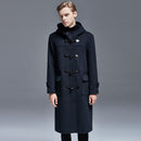 Winter Men Horn Button Woolen Coat Long Over-the-Knee Loose-Woolen Jacket Hooded Trench Thick Mens Coats and Jackets