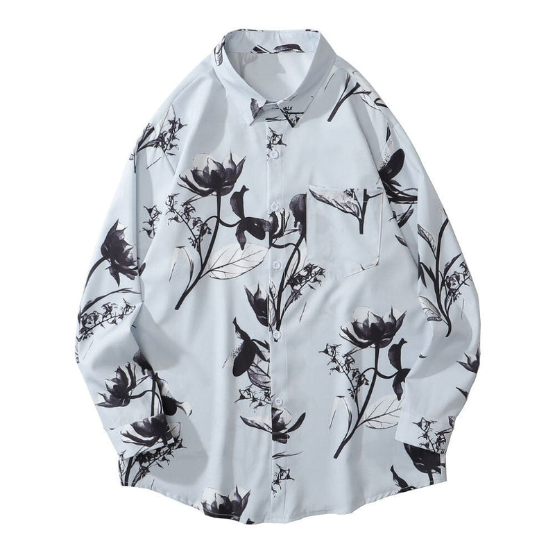 Hawaiian Beach Shirts Graffiti Flowers Long Sleeve Button Shirts Hip Hop Casual Holiday Party Blouse