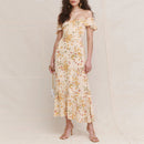 Sexy Off Shoulder Dress Summer Women Party Elegant Vintage Beach Dress Ruffle Short Sleeve Ruffle Hem Floral Chiffon Midi Dress