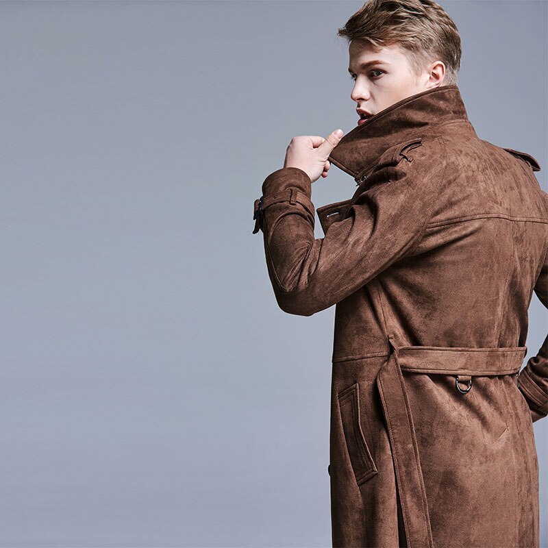 Trench Men Double Breasted Slim Coat Men Solid Color Long Windbreaker Jacket