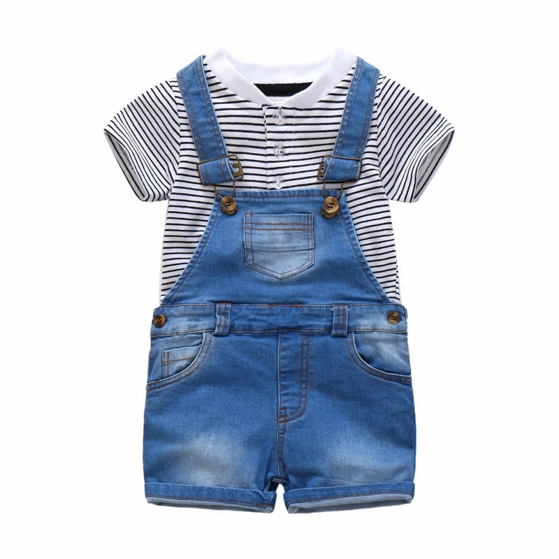 Baby Boy Denim Clothes Outfit Summer Cotton Boys Striped Top + Bib Jeans  Short Toddler Infant Boys Outfits Suit