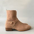 Men Exclusive Handmade Luxury High Top Ankle Strap Chelsea Suede Tan Boots Catwalk Wedge Pointed Toe motor Boots