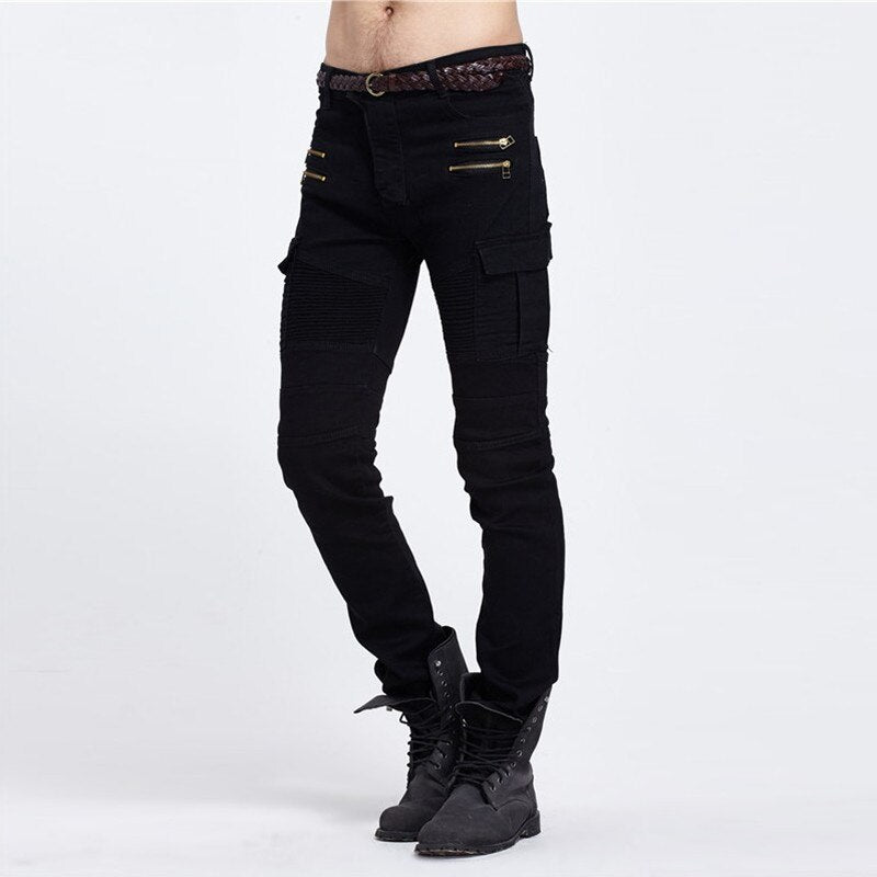 Biker Jeans Punk Style Cargo Pocket Jeans Skinny Men Famous Brand Mens Designer Clothes Zipper Denim Pants Green Black