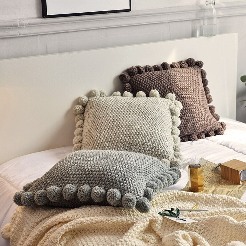 Knitted Cushion Cover Solid Gray Coffee Solid Nordic Style Pillow Case With Balls 45*45cm Soft For Sofa Bed Room Home Decorative