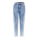 High Waist Mom Jeans With Irregular Opening Woman Boyfriend Acid Wash Cropped Denim Pants For Women Jeans