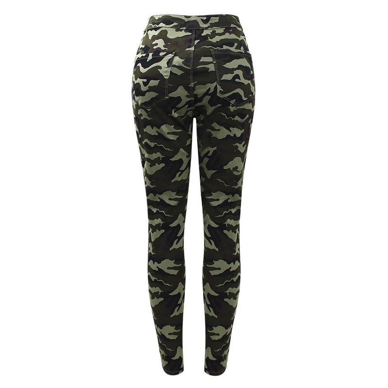 High Waist Army Green Jeans With White Side Stripes Women`s Camouflage Pencil Denim Pants Woman