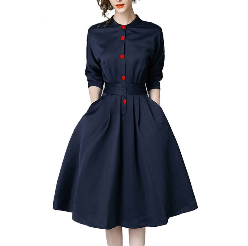 Spring Autumn Vintage Dresses Women Slim 3/4 Sleeve A Line Office Wear Dress Elegant Work Business Dresses