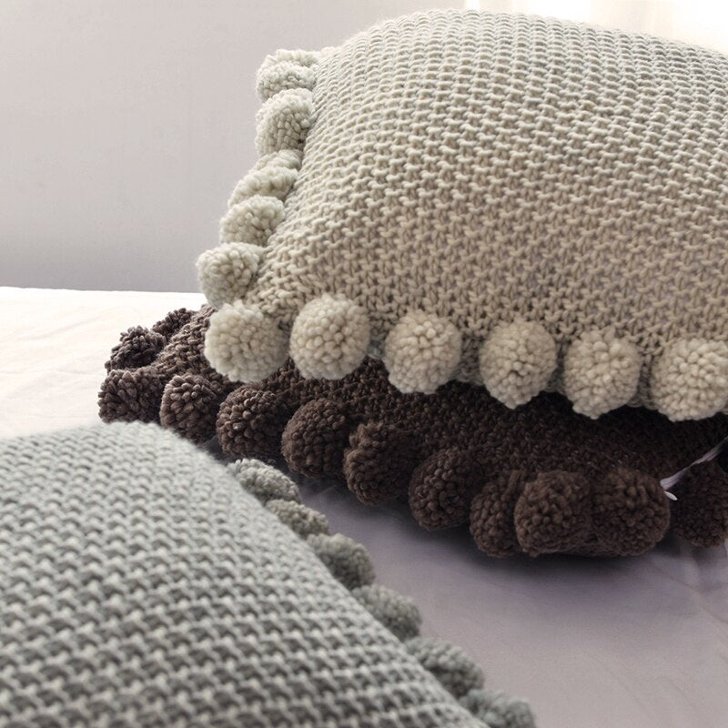 Knitted Cushion Cover Solid Gray Coffee Solid Nordic Style Pillow Case With Balls 45*45cm Soft For Sofa Bed Room Home Decorative