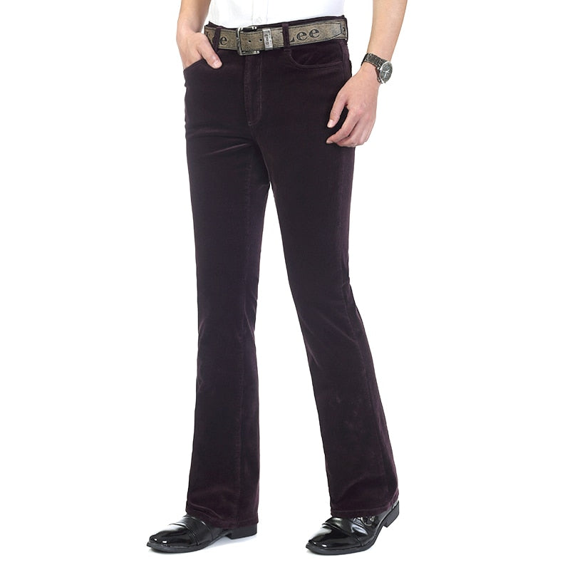 Spring Autumn Mens Smart Casual Corduroy Pants Flares Male Mid Waist Bell-Bottom Trousers