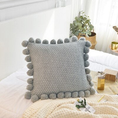 Knitted Cushion Cover Solid Gray Coffee Solid Nordic Style Pillow Case With Balls 45*45cm Soft For Sofa Bed Room Home Decorative