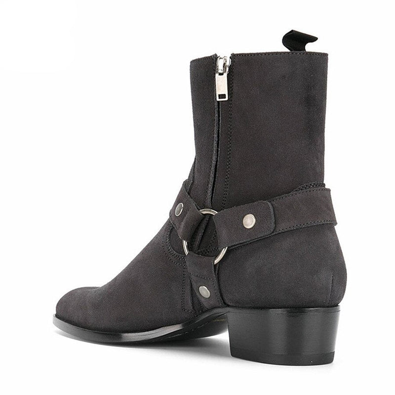 Handmade Dark Gray Suede Leather wedge Harness Boots High Top Pointed Toe Men Chelsea Boots