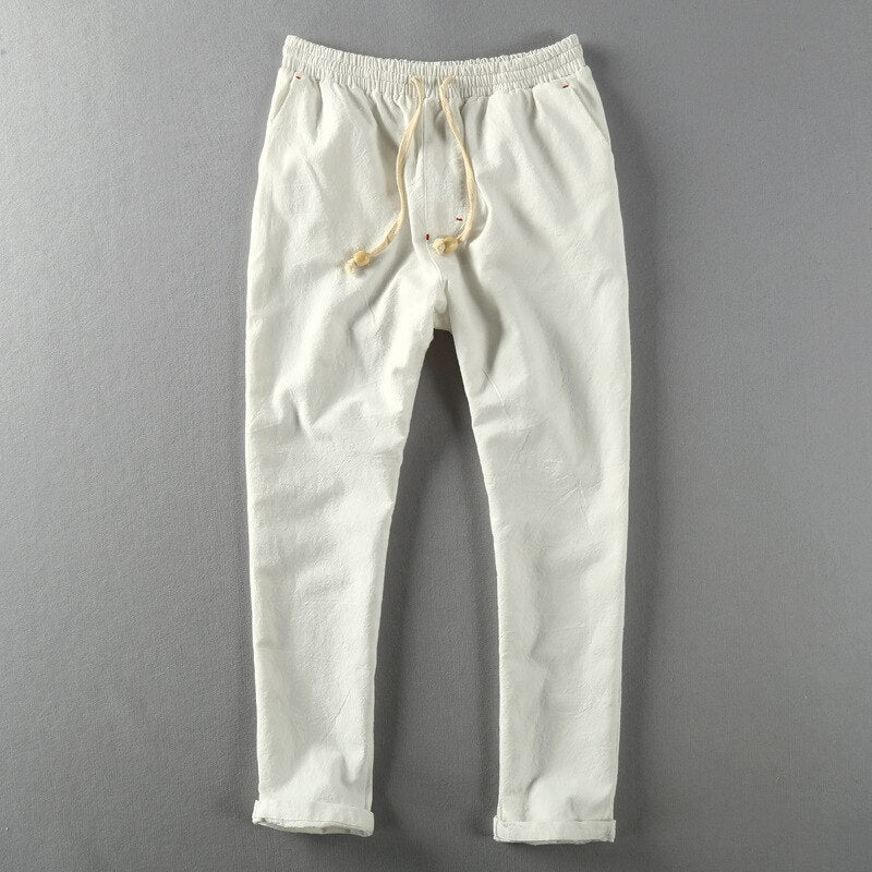 Men Linen Pants Casual Style Simple Sport Jogger Slim-Fit Thin Drawstring Stretch Waist Straight Ankle-Length Trouser