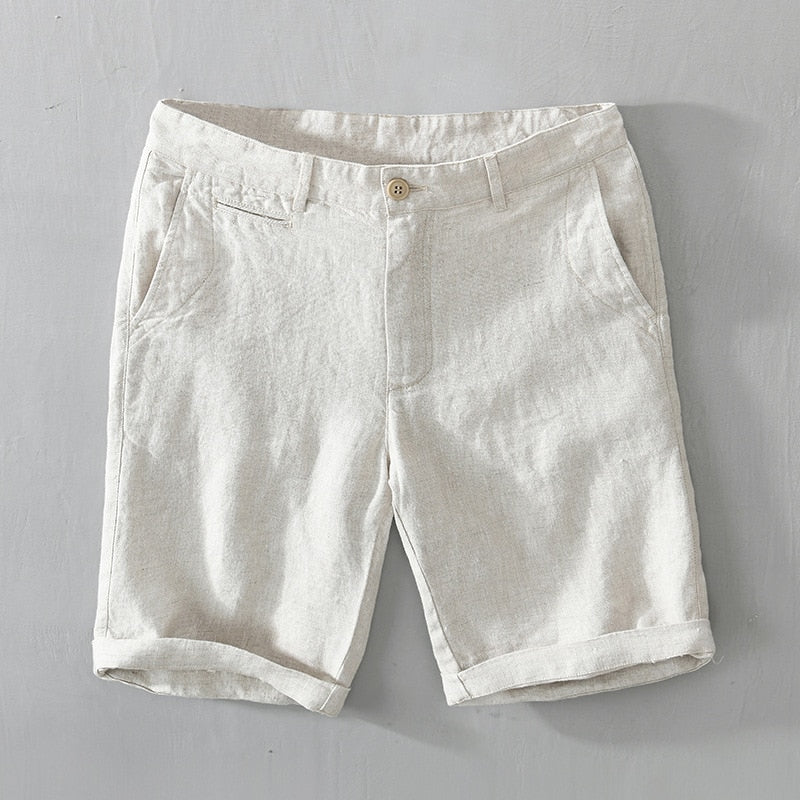Mid Waist Linen Beach Shorts Summer Men Simple Business Casual Straight Pockets Solid Zipper Work Knee Length Pants