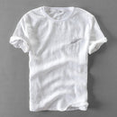 Men Summer Linen Feather Embroidery Solid Minimalism Short Sleeve T-shirt Male Casual T-shirts