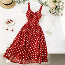 Women Vintage Dot Dress Summer Sleeveless Spaghetti Red A-line Dresses Ladies Beach Long Robe