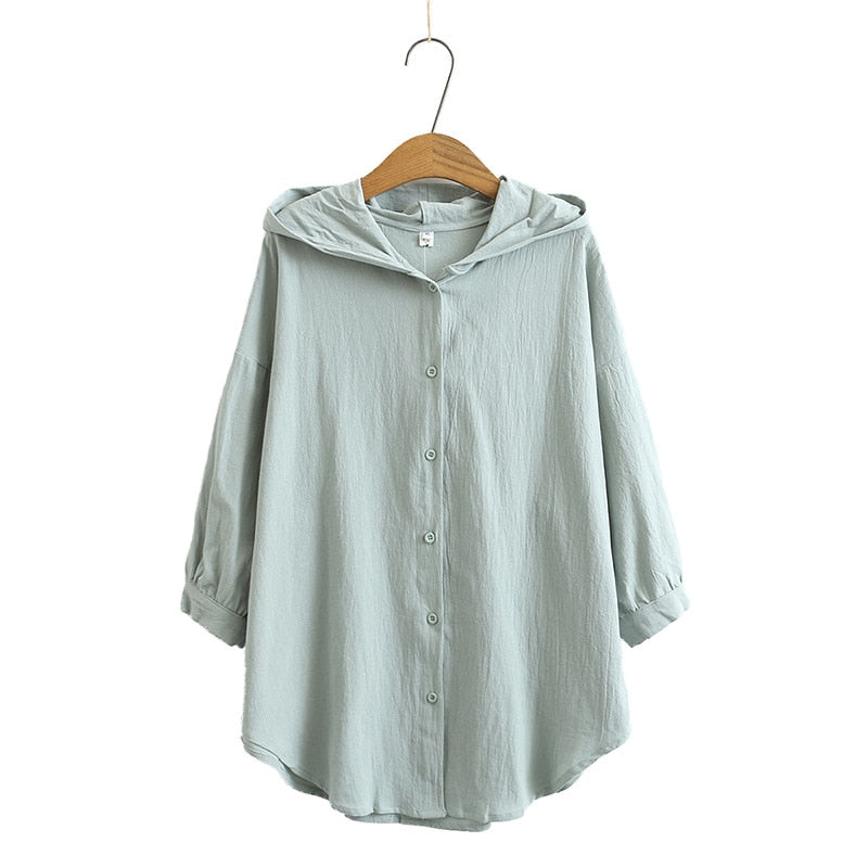 Spring Autumn Women Shirt Casual Clothes Female Tops Cotton And Linen Half Sleeve Hooded