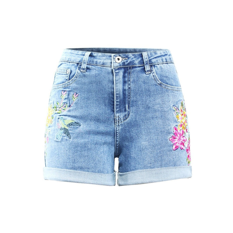 Summer Embroidery Floral Shorts Women`s Stretchy Denim Shorts For Women