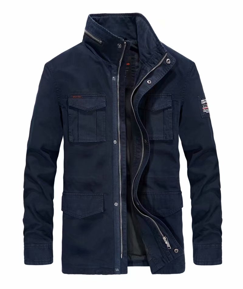 Cotton Denim Jackets Men Long Stand Collar Multi-pocket Casual Coat Military Men's Windbreakers Jacket